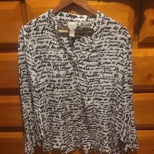 Chico's White Button-Up Blouse with Black Script